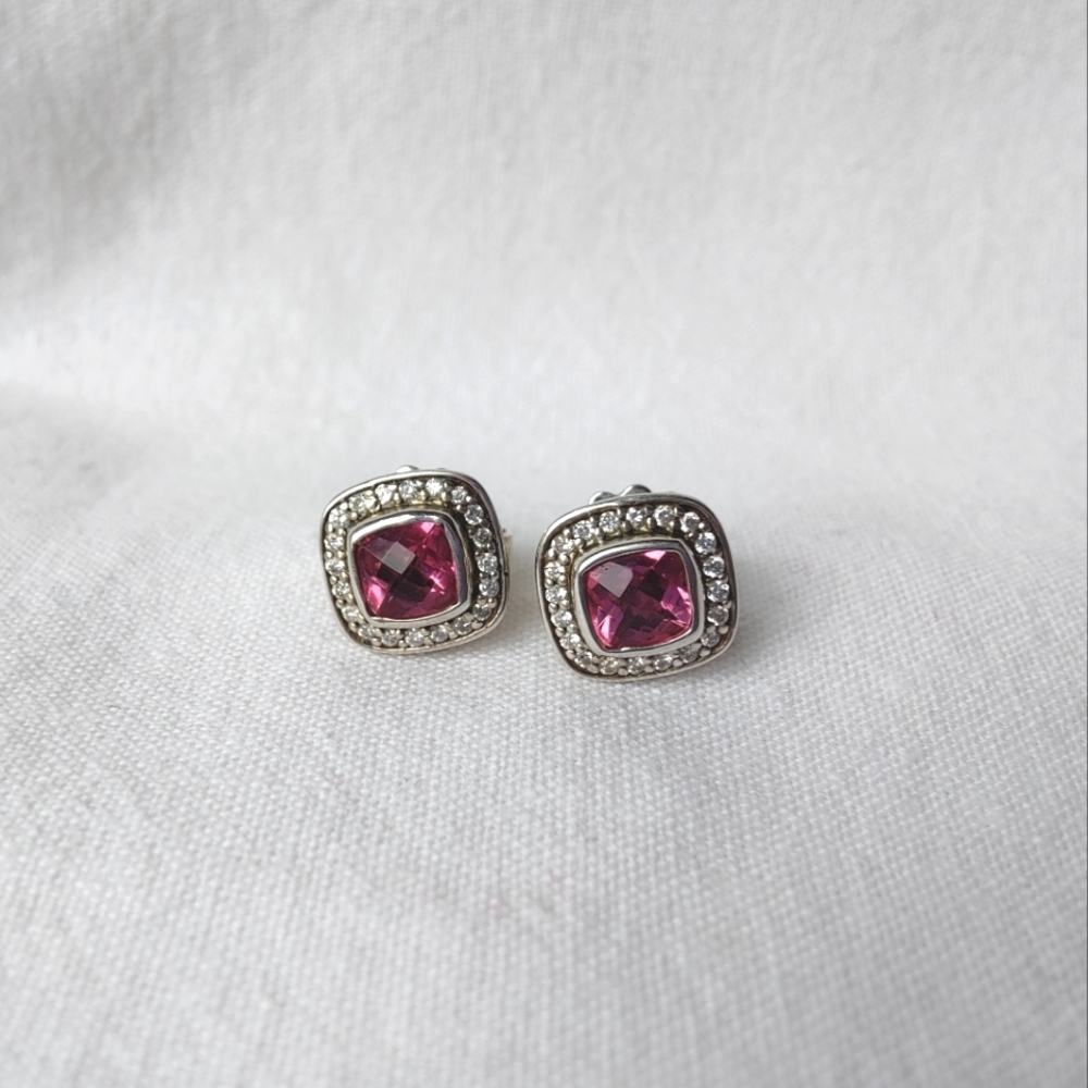 David Yurman Pink Silver Petite Albion 925 Tourmaline & Diamonds Studs Earrings